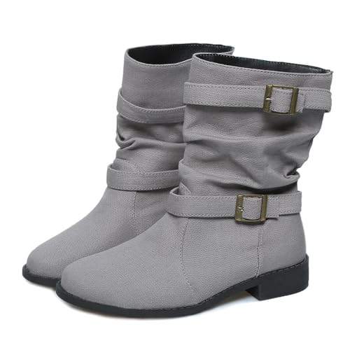 Damen Denim-Stiefeletten mit Schnallenriemen, breite Wadenstiefel, zum Überziehen, niedriger Absatz, Denim-Stiefeletten für Frauen, Arbeit, Wandern, grau, 39.5 EU von Generisch
