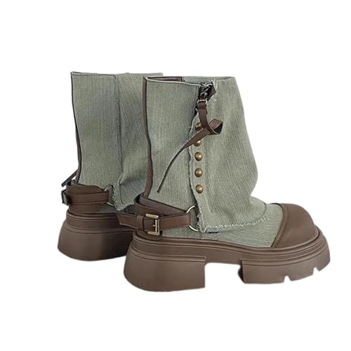 Damen Denim Stiefeletten mit runder Spitze und quadratischem Absatz Plateausohle Punk Stil Slip-On für alternative Straßenmode, En8, 40.5 EU von Generisch