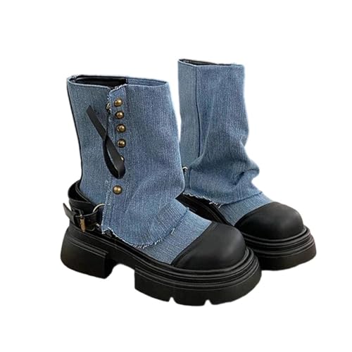 Damen Denim Stiefeletten mit runder Spitze und quadratischem Absatz Plateausohle Punk Stil Slip-On für alternative Straßenmode, blau, 40.5 EU von Generisch