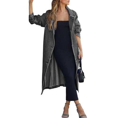 Damen Denim Trenchcoat Jeansjacke ANG Elegant Winter Jeansmantel Lang Knöpfe Revers Zerrissen Jeans Mantel Parka Jacke Mit Tasten Jeansmantel Frühling Übergang Lässige Oberbekleidung Mit Tasche von Generisch
