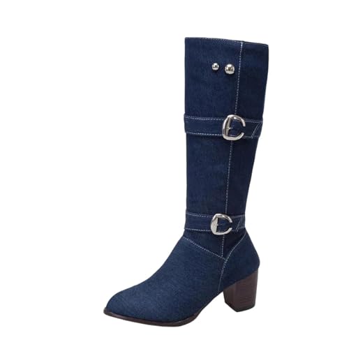 Damen Denim kniehohe Reitstiefel mit rundem Zehenbereich, hohem quadratischem Absatz und Schnallenriemen, Reißverschluss für einen stilvollen, lässigen Look, Dunkelblau B, 44 EU von Generisch