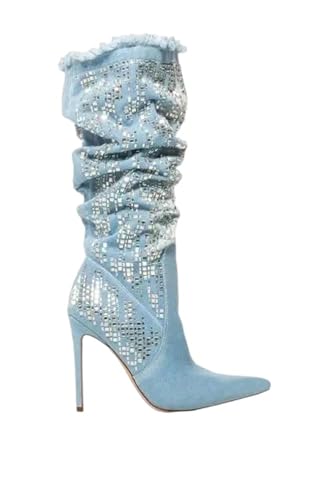Damen Denim kniehohe Stiefel mit spitzem Zehenbereich, dünne Stiletto-Absätze mit Kristall-Strass-Details für einen Vintage-Glam-Look, Wie abgebildet, 10 cm Absatz, 39 EU von Generisch