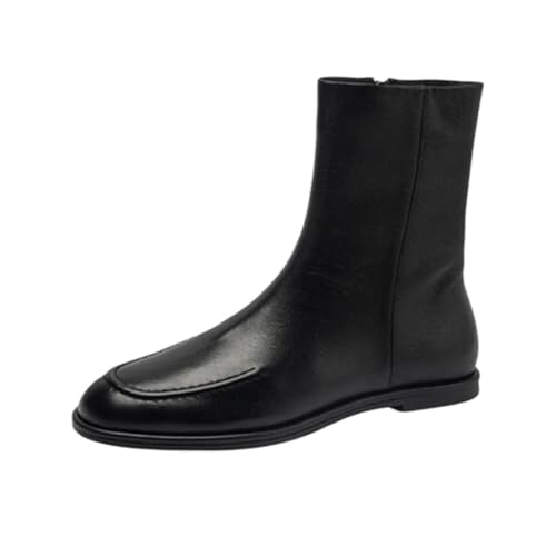 Damen Echtleder Flache Stiefeletten Winter Mode Ritter Reiten Kurze Stiefel, Schwarz , 38.5 EU von Generisch