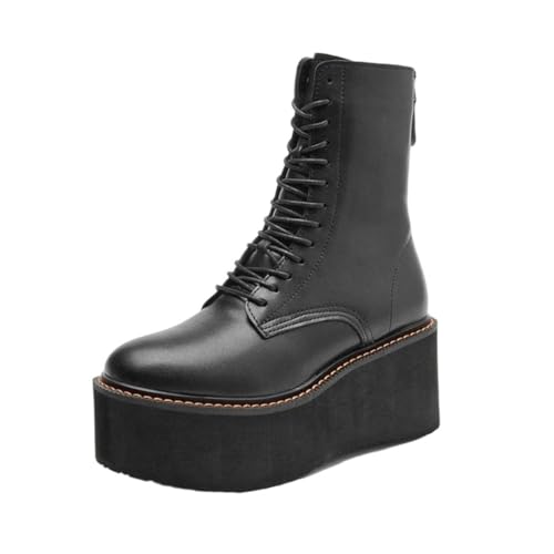 Damen Echtleder Plateau Stiefeletten High Heel rutschfeste Winter Booties, Schwarz , 40 EU von Generisch