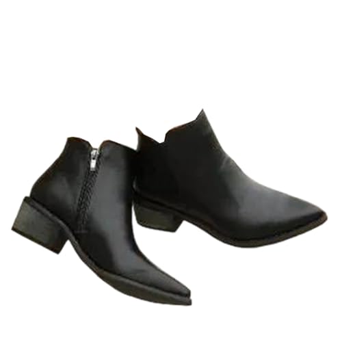 Damen Echtleder Stiefeletten Spitz Zehen Western Kurz Vintage Schuhe, Schwarz , 41.5 EU von Generisch