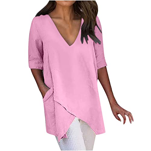 Damen Einfarbig Baumwolle Leinen Tops Sommer Strand Kurzarm Blusen Mode V-Ausschnitt Lose Shirts, rose, 54 Damen Einfarbig Baumwolle Leinen Tops Sommer Strand Kurzarm Blusen Mode V-Ausschnitt Lose Shirts, rose, 54 von Generisch