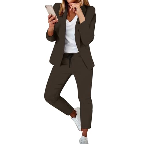 Damen Elegant 2 Teiler Sommer 2025 Hosenanzug Langarm Business Anzug Set Zweiteiler Einfarbig Blazer Hose Festlich Lange Hosenanzüges Sportlich Slimfit Streetwear Frauen Baumwolle Freizeitanzug von Generisch