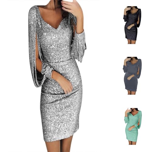 Damen Elegant Kleid Langarm Paillettenkleid Glänzend Abendkleider mit Tiefer V-Ausschnitt Sexy Fransen Langarm Glitzer Kleid Cocktailkleid Knielang Hochzeit Festlich Elegant Winterkleid Damen von Generisch
