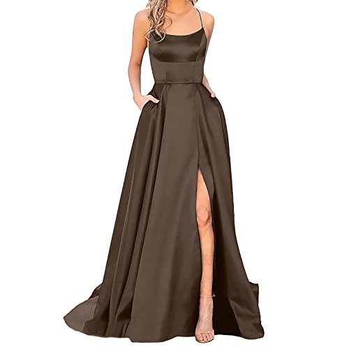 Damen Elegant Lange Abendkleider mit Taschen Satin A-Linie Backless Ballkleider Abschlusskleid Sexy Neckholder Brautjungfer Kleid von Generisch