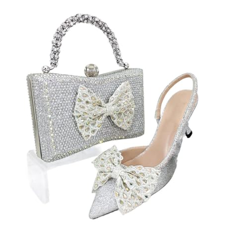 Damen Elegant Spitzabsatz Taschen Set mit Strass Schmetterling Knoten Kleine Tasche, silber, 44.5 EU von Generisch