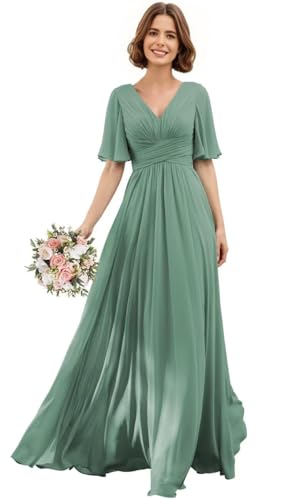 Damen Elegant V-Ausschnitt Flatterärmel Brautjungfernkleid Lang A-Linie Chiffon Formelles Kleid mit Taschen Hochzeit Gast Party Abendkleid mit Schlitz, Eukalyptus, 42 von Generisch