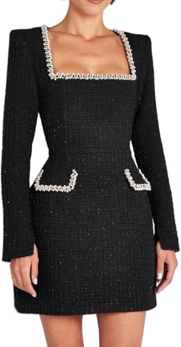 Damen Elegantes Quadratischer Ausschnitt Tweed Minikleid Langarm Perle A Linie Formal Prom Kurz Damen Slim Fit Vielseitige Kleider (Schwarz,M) von Generisch