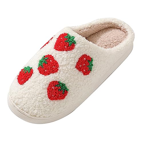 Damen Erdbeere Bestickte Plüsch Hausschuhe Weiche Memory Foam Indoor Pantoletten mit Anti-Rutsch-Gummisohle Leichte Gemütliche Damen Slip-On Hausschuhe Winter Warm Schlafzimmer Komfort, rot, 41 EU von Generisch