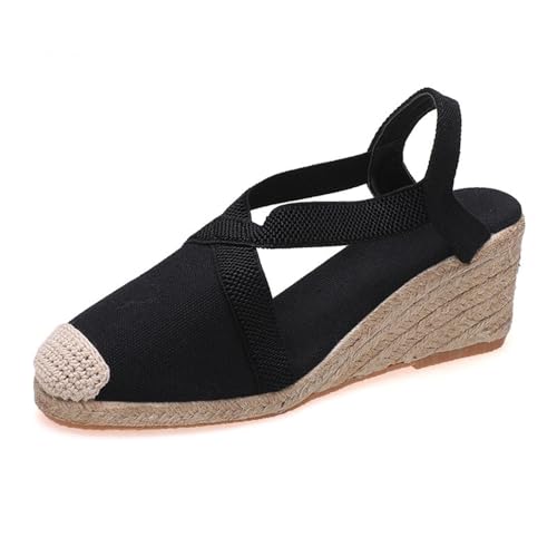 Damen Espadrilles Plateau Keilabsatz Pumps Sandalen Geschlossene Zehen Knöchelriemen Slip On Komfort Leichte Wanderschuhe, Schwarz , 40.5 EU von Generisch