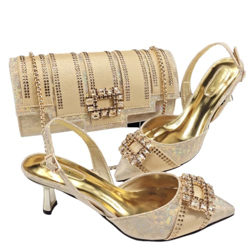 Damen Fashion Spitzzehe Abendschuhe und Clutch Set mit dünnem Absatz und Strassverzierung Gold, gold, 43.5 EU von Generisch