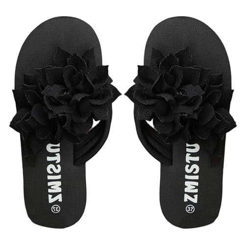 Damen Feen-Stil Blumen Sommer Hausschuhe Flache Sandalen Zehentrenner Slip On Sliders Blume Flip Flops Frauen Casual Sommer Strand Pool Thong Sandalen Pantoletten, Schwarz , 40.5 EU von Generisch