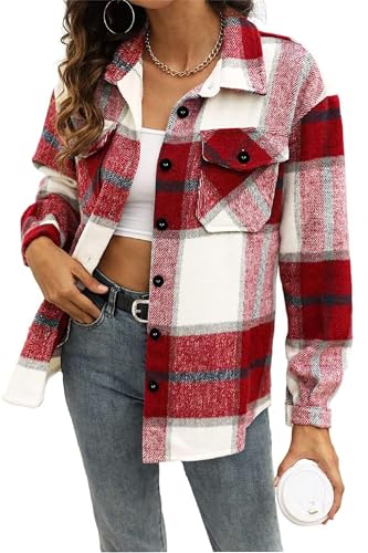 Damen Flanell Plaid Shacket Langarm Button Down Shirts Langarmshirts Jacken Casual Bluse, dunkelrot, S von Generisch