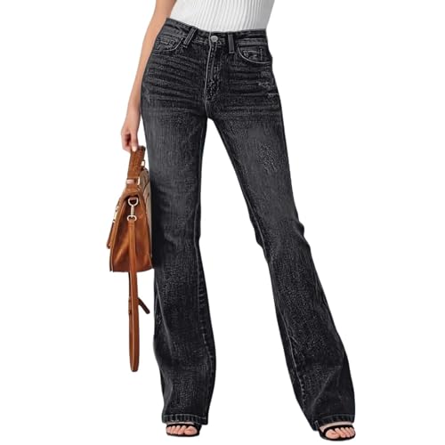 Damen Flared Jeans Schlaghose Baggy Jeanshose High Waist Jeans Wide Leg Stretch Trachtenjeans Herbst Mode Jeanshosen mit Knopfleiste Damenjeans 003 Schwarz XXL von Generisch