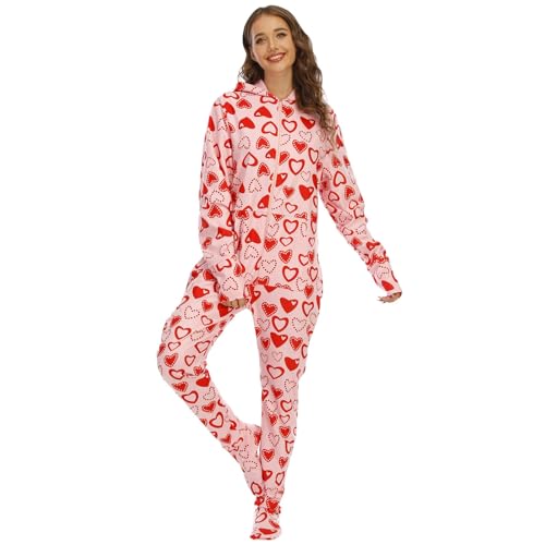 Damen Fleece Nachtwäsche Langarm Bedruckter Jumpsuit Pyjama mit Füßlingen Gemütliche Homewear für und Damen Nachthemd Blau (S) von Generisch