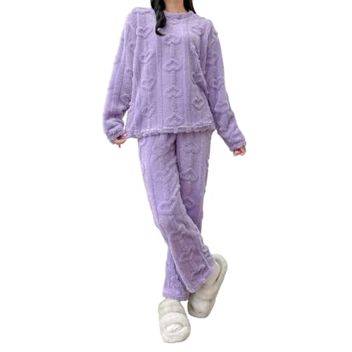 Damen Fleece Pjama Set Warm Schlafanzug Weich Bequem Hausanzug Herzförmig Muster Flanell Fleece Nachtwäsche Set 2025 Pyjama Damen Leisure Jumpsuit Plüsch Pullover + Hose Badeset Winter von Generisch