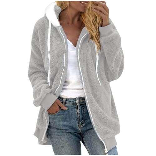 Damen Fleecejacke Warme Bequem Winterjacke Teddy Kapuzenjacke Lässige Sweatjacke Dicke Gefüttert Mantel Flauschige Langarm Jacken mit Reißverschluss Hoodie Pullover Freizeit Cardigan Outwear von Generisch