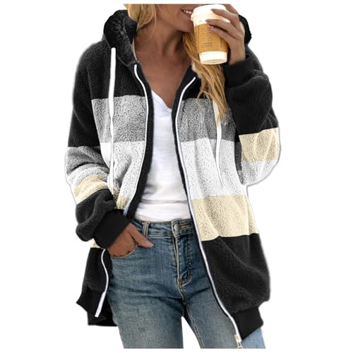 Damen Fleecejacke Warme Bequem Winterjacke Teddy Kapuzenjacke Lässige Sweatjacke Dicke Gefüttert Mantel Flauschige Langarm Jacken mit Reißverschluss Hoodie Pullover Freizeit Cardigan Outwear von Generisch