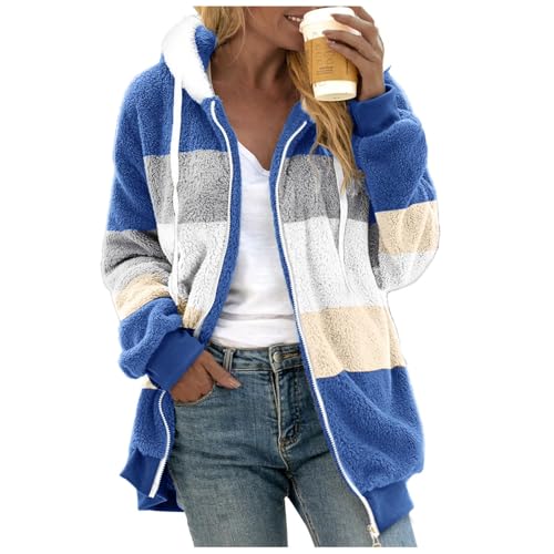 Damen Fleecejacke Warme Bequem Winterjacke Teddy Kapuzenjacke Lässige Sweatjacke Dicke Gefüttert Mantel Flauschige Langarm Jacken mit Reißverschluss Hoodie Pullover Freizeit Cardigan Outwear von Generisch