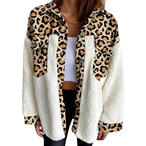 Damen Fleecejacke WintermäNtel Button Down Leopard Revers Oberbekleidung Patchwork Oberbekleidung Mit Taschen (XL,Gelb) von Generisch