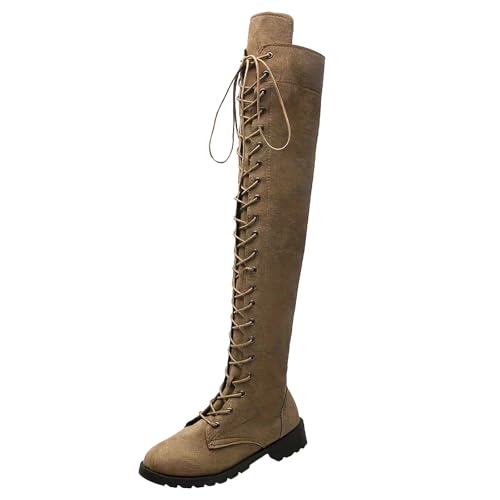 Damen Flock Stiefel Kniehohe Boots für modebewusste Frauen Elegante High Heels über Schnürstiefeletten stilvolle Bequeme Winterstiefel für jeden (Khaki, 40) von Generisch
