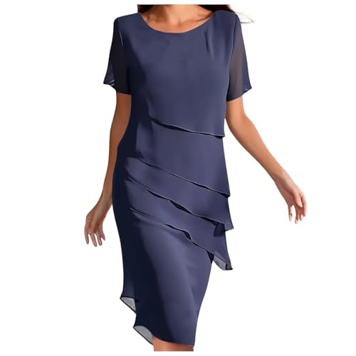Damen Flowy Gestufte Chiffon Kleider Sommer Elegant Kurzarm Rundhals Layered Midi Kleid Hochzeit Gast Cocktailkleider, dunkelblau, XXL von Generisch