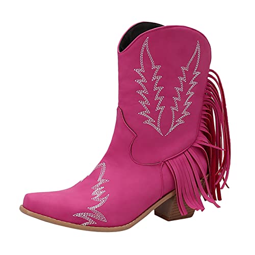 Damen Fransen Western Cowboystiefel Mode Einfarbig Slip On Stiefel Outdoor Chunky Heel Booties Schuhe Mittelalter Schuhe Damen (37) von Generisch