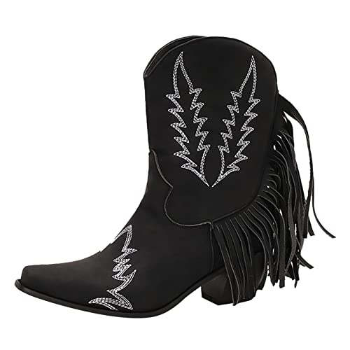 Damen Fransen Western Cowboystiefel Mode Einfarbig Slip On Stiefel Outdoor Chunky Heel Booties Schuhe Mittelalter Schuhe Damen (Black, 40) von Generisch