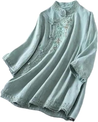 Damen Frühling Sommer Retro Blumen Bestickt Bluse Langarm Baumwolle Shirt Stand-up Kragen Knopf Bluse Jacke Hanfu Cheongsam Harajuku Tops (Grün,M) von Generisch