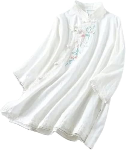 Damen Frühling Sommer Retro Blumen Bestickt Bluse Langarm Baumwolle Shirt Stand-up Kragen Knopf Bluse Jacke Hanfu Cheongsam Harajuku Tops (Weiß,3XL) von Generisch