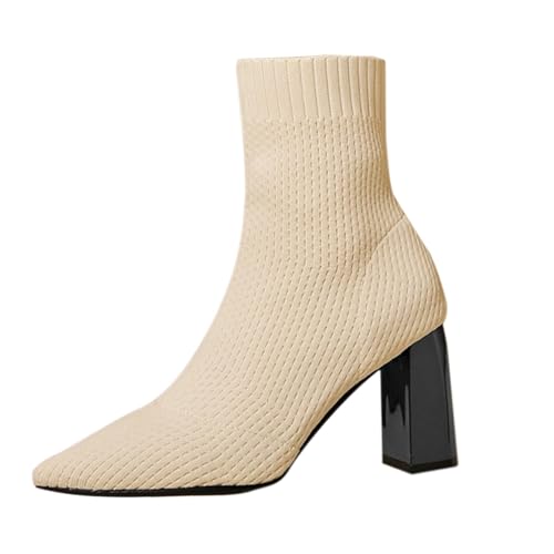 Damen Frühling Winter zulaufender Zeh Flying Weave Mesh Klobiger High Heel Große Größe Mittelhohe Stiefel Canvas Schuhe Damen Blau (Beige, 41) von Generisch