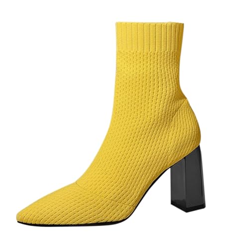 Damen Frühling Winter zulaufender Zeh Flying Weave Mesh Klobiger High Heel Große Größe Mittelhohe Stiefel Canvas Schuhe Damen Blau (Yellow, 39) von Generisch