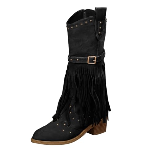 Damen Frühling und Herbst große Größe Quaste Chunky Heel Mode Motorrad Western Cowboy Gürtelschnalle Mitte Wade Stiefel Schuhe Frauen kurze Stiefel, Schwarz , 38 EU Damen Frühling und Herbst große Größe Quaste Chunky Heel Mode Motorrad Western Cowboy Gürtelschnalle Mitte Wade Stiefel Schuhe Frauen kurze Stiefel, Schwarz , 38 EU von Generisch