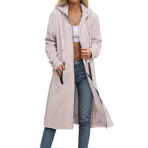 Damen Full-Zip Hoodie Oversized Lang Kapuzen Sweatjacke Einfarbig Elegant Zip up Kapuzenpullover mit Taschen und Kordelzug Mode Mantel Casual Bequeme Übergangsjacke Pour Outdoor (Beige, XXL) von Generisch