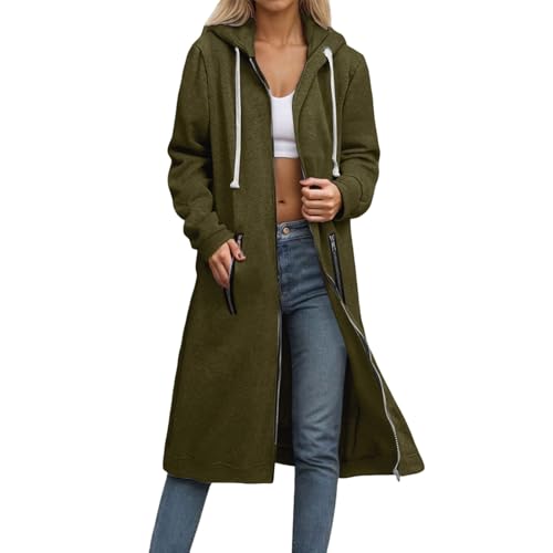 Damen Full-Zip Hoodie Oversized Lang Kapuzen Sweatjacke Einfarbig Elegant Zip up Kapuzenpullover mit Taschen und Kordelzug Mode Mantel Casual Bequeme Übergangsjacke Pour Outdoor (Blackish Green, M) von Generisch
