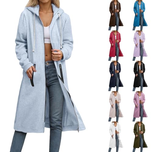 Damen Full-Zip Hoodie Oversized Lang Kapuzen Sweatjacke Einfarbig Elegant Zip up Kapuzenpullover mit Taschen und Kordelzug Mode Mantel Casual Bequeme Übergangsjacke Pour Outdoor (Light Ashy, M) von Generisch