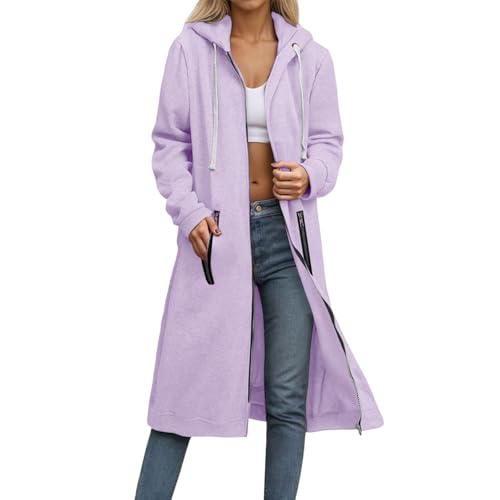 Damen Full-Zip Hoodie Oversized Lang Kapuzen Sweatjacke Einfarbig Elegant Zip up Kapuzenpullover mit Taschen und Kordelzug Mode Mantel Casual Bequeme Übergangsjacke Pour Outdoor (Light Violet, L) von Generisch