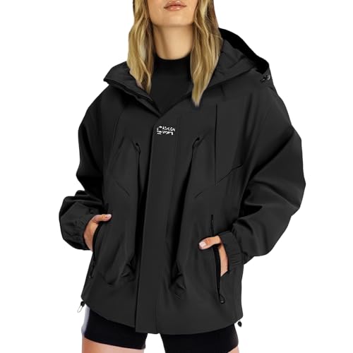 Damen Funktionsjacke Wasserdicht Winddicht Leichte Jacke mit Kapuze Atmungsaktiv Softshelljacke Übergangsjacke Große Größe Outdoor Wanderjacke Einfarbig Regenmantel Sommerjacke Mode Fahrradjacke von Generisch