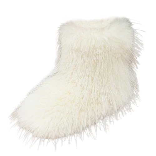 Damen Fuzzy Ankle Boots Runde Zehe Leichte dicke Sohle Fleece Gefüttert Winter Warme Plüsch Kurze Stiefeletten (Beige, 43) von Generisch