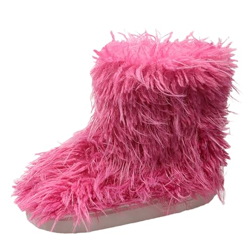 Damen Fuzzy Ankle Boots Runde Zehe Leichte dicke Sohle Fleece Gefüttert Winter Warme Plüsch Kurze Stiefeletten (Hot Pink, 38) von Generisch