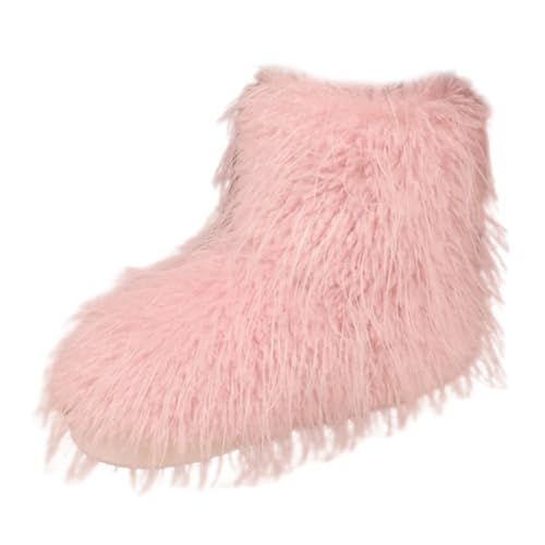 Damen Fuzzy Ankle Boots Runde Zehe Leichte dicke Sohle Fleece Gefüttert Winter Warme Plüsch Kurze Stiefeletten (Pink, 37) von Generisch
