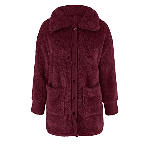 Damen Fuzzy Fleece Revers Offene Front Lange Strickjacke Mantel Kunstpelz Warme Winter Outwear Jacken (S,Rot) von Generisch