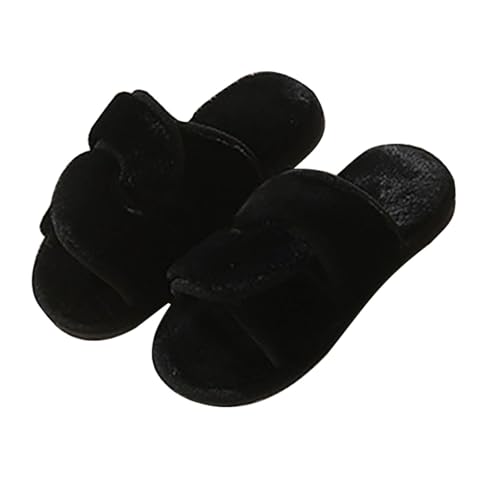 Damen Fuzzy Slip-On Hausschuhe Offene Zehe Dicke Sohle Plüsch Warm Winter Weich Leicht Indoor Haus Schuhe (Black, 44) von Generisch