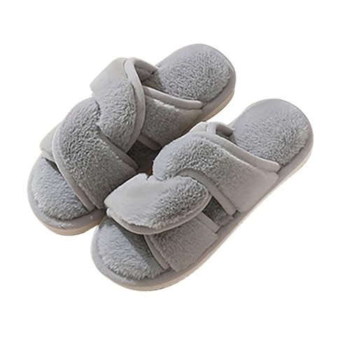 Damen Fuzzy Slip-On Hausschuhe Offene Zehe Dicke Sohle Plüsch Warm Winter Weich Leicht Indoor Haus Schuhe (Grey, 36) von Generisch