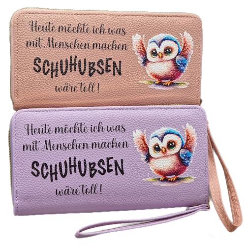 Damen Geldbeutel mit Spruch – „Heute möchte ich was mit Menschen Machen, Schuhubsen wäre toll!“ – Lustige Geldbörse mit Eulen Motiv – Geschenk für Frauen, Mama, Oma, Freundin (Rose) von Generisch