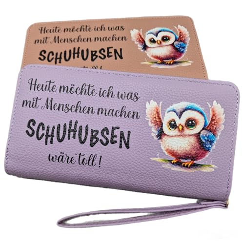 Damen Geldbeutel mit Spruch – „Heute möchte ich was mit Menschen Machen, Schuhubsen wäre toll!“ – Lustige Geldbörse mit Eulen Motiv – Geschenk für Frauen, Mama, Oma, Freundin – in Rose oder Lila von Generisch